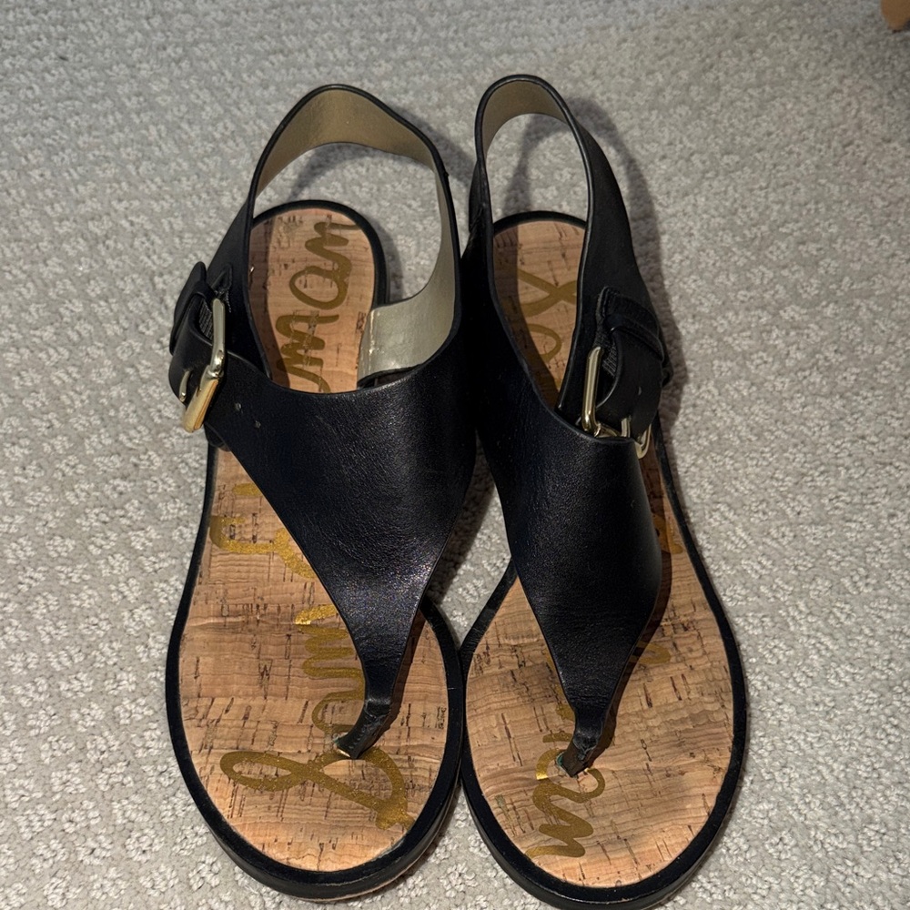 Sam Edelman Black Leather Sandals with Gold Buckle